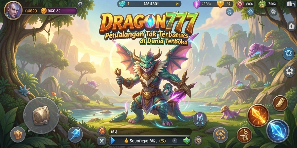 Screenshot menunjukkan pemain menjelajahi dunia terbuka yang indah dalam DRAGON777.