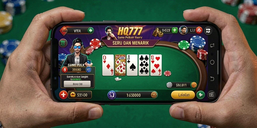 Screenshot utama HQ777 menampilkan gameplay seru poker.