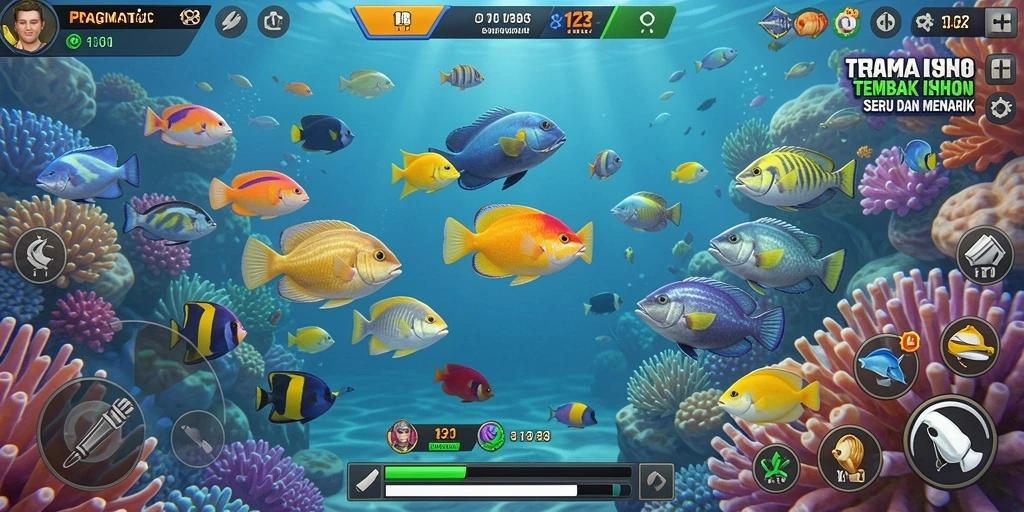 Screenshot PRAGMATIC123 menampilkan berbagai ikan dan senjata dalam gameplay.