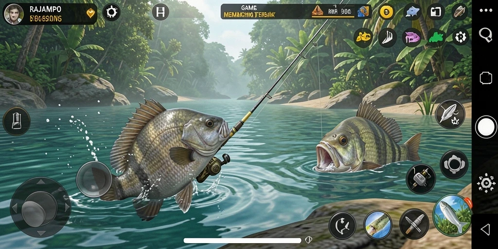 Tampilan gameplay menarik dari RAJAMPO saat Anda menangkap ikan.