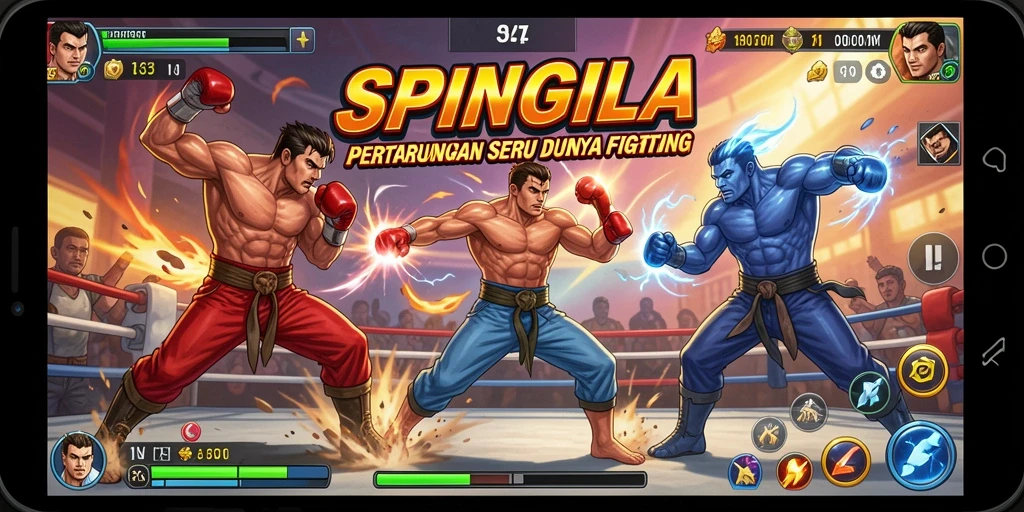 Screenshot gameplay SPINGILA menampilkan pertarungan intens antar karakter.